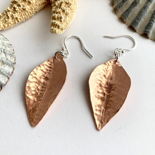 Copper Dangly Hammered Leaf Earrings