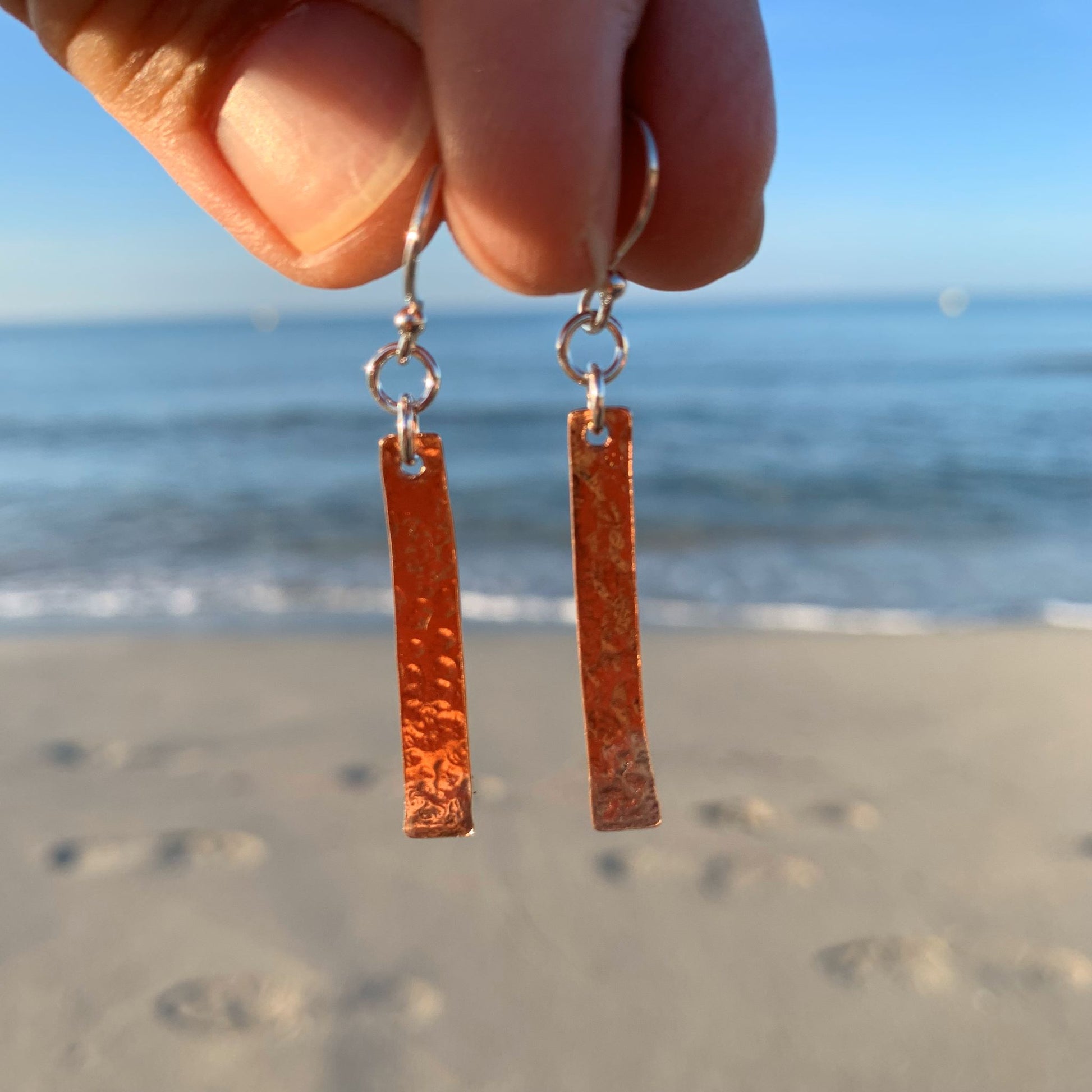 Copper Dimpled Stick Dangly Drop Earrings