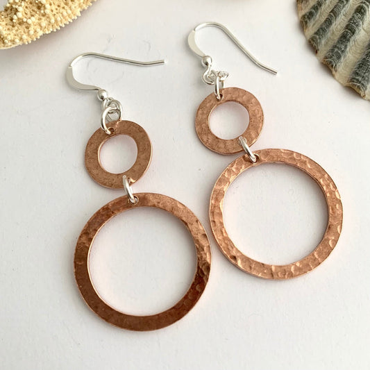 Hammered Copper Double Hoop Dangle Earrings