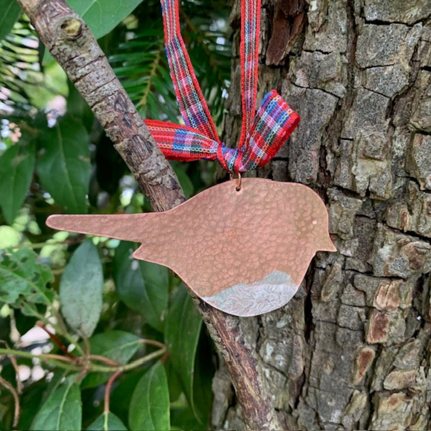 Copper Hammered Robin With Silver Christmas Decor