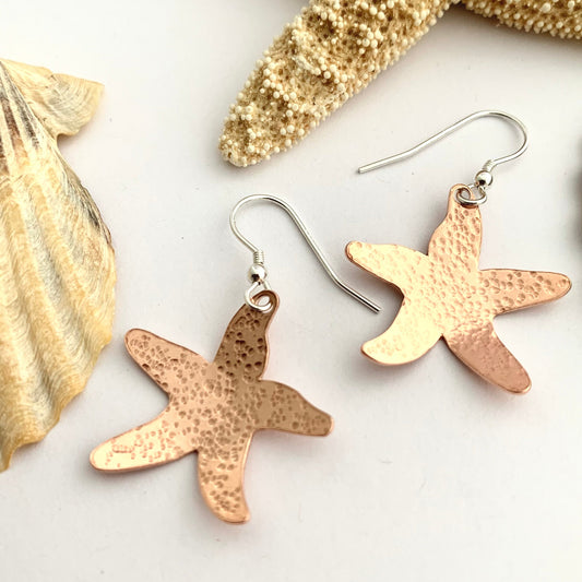 Copper Starfish Hammered Dangle Earrings