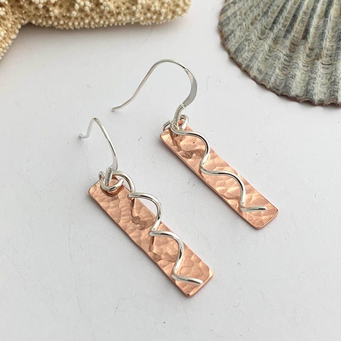 Copper Stick Earrings with Sterling Silver Spirals