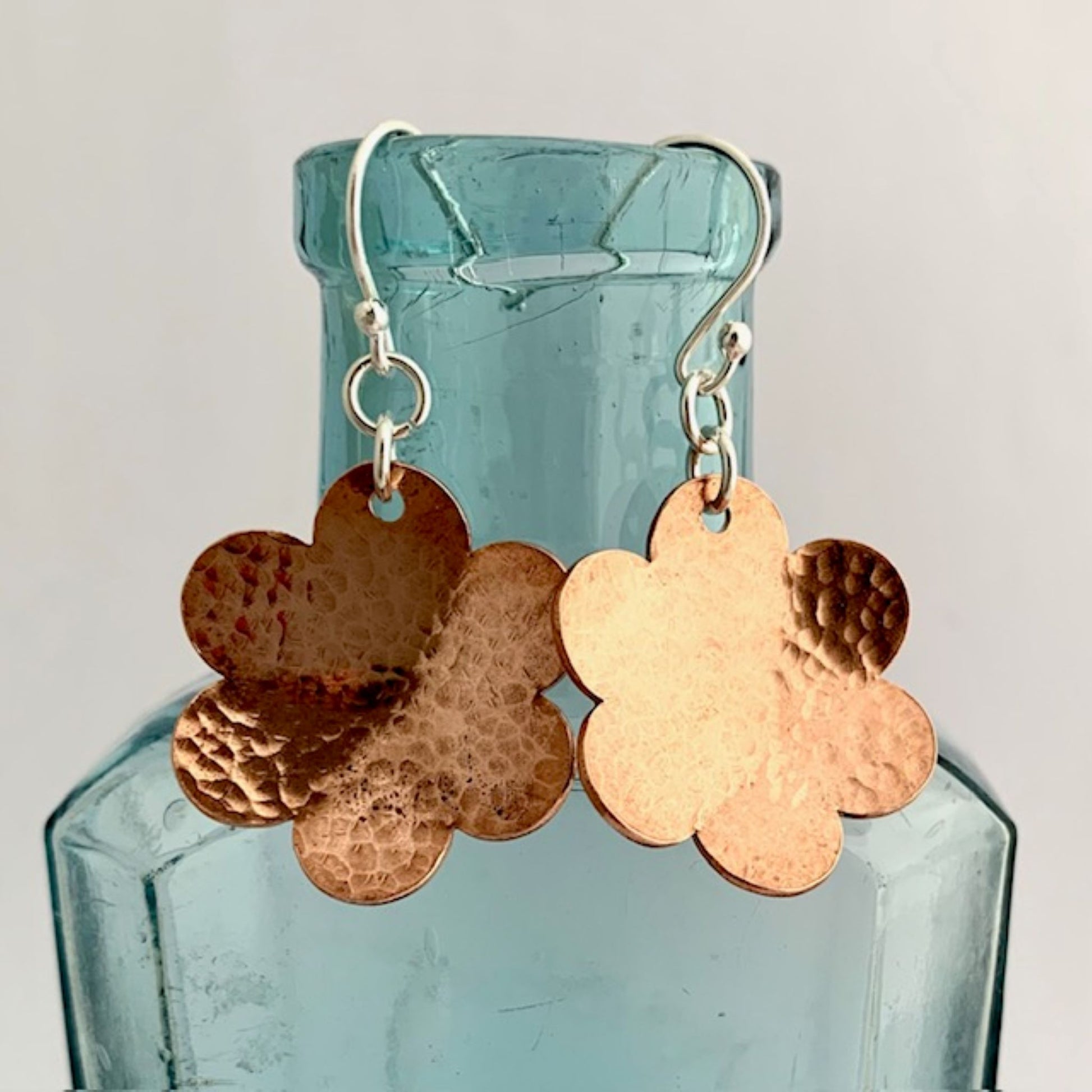 Copper Textured Daisy Flower Dangle Earrings