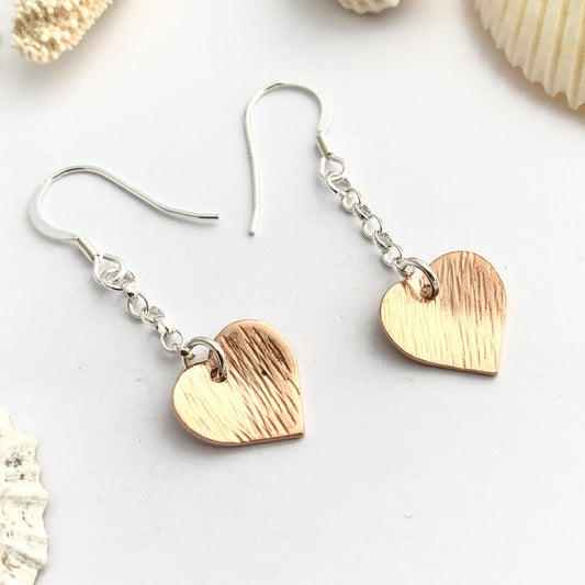 Copper Textured Dangly Heart Earrings