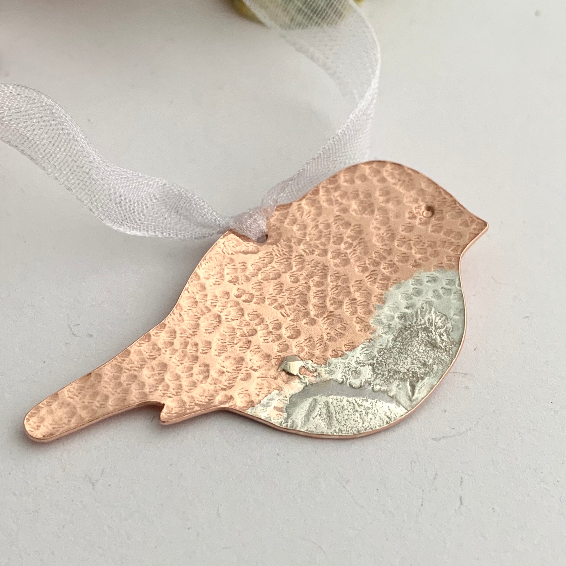 Copper and 925 Silver Dimpled Robin Hanging Tree Decoration