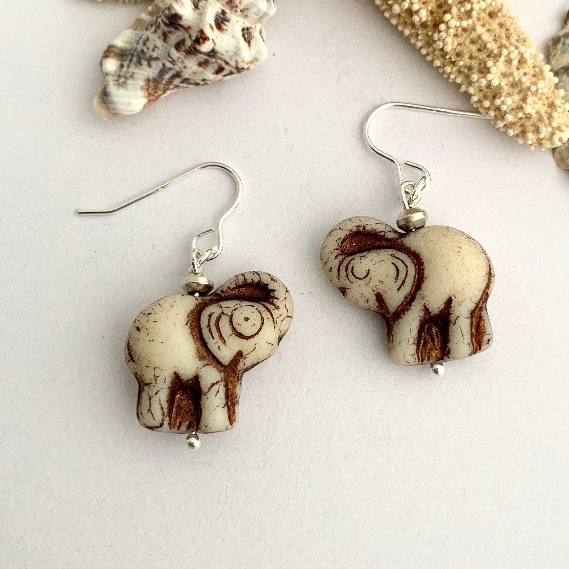 Cream White Czech Glass Elephant Dangle Earrings 3