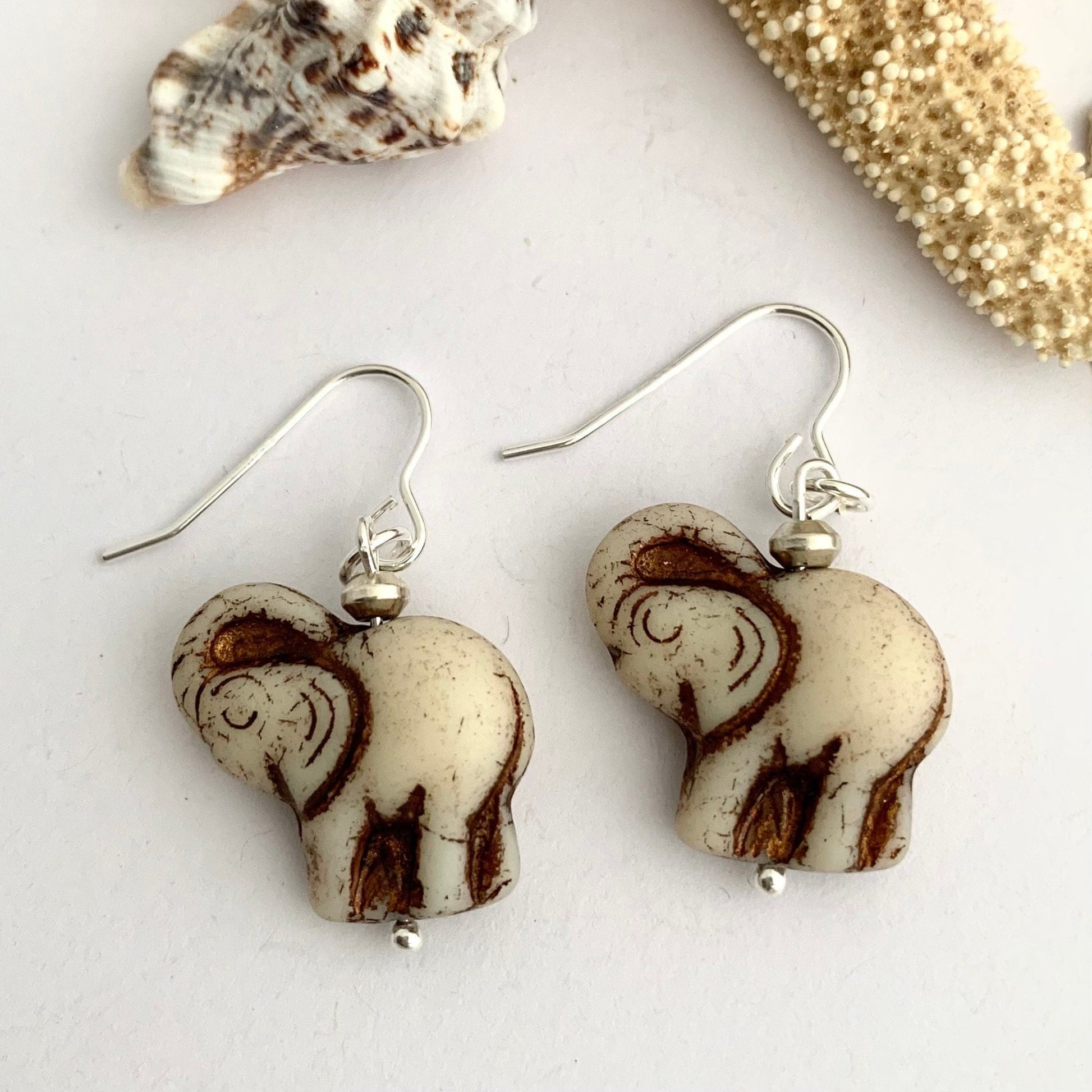 Cream White Czech Glass Elephant Dangle Earrings