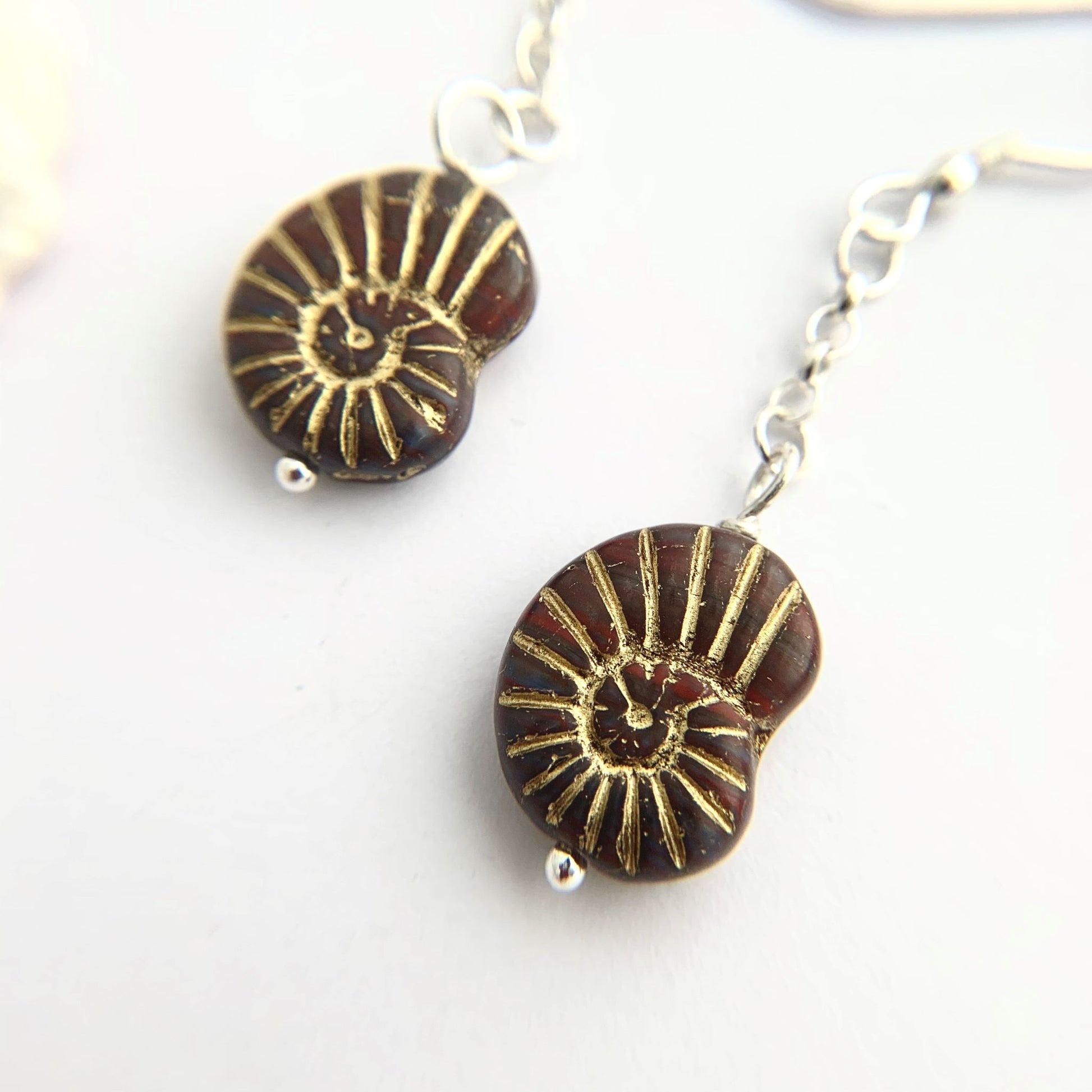 Czech Glass Ammonite Black and Gold Earrings
