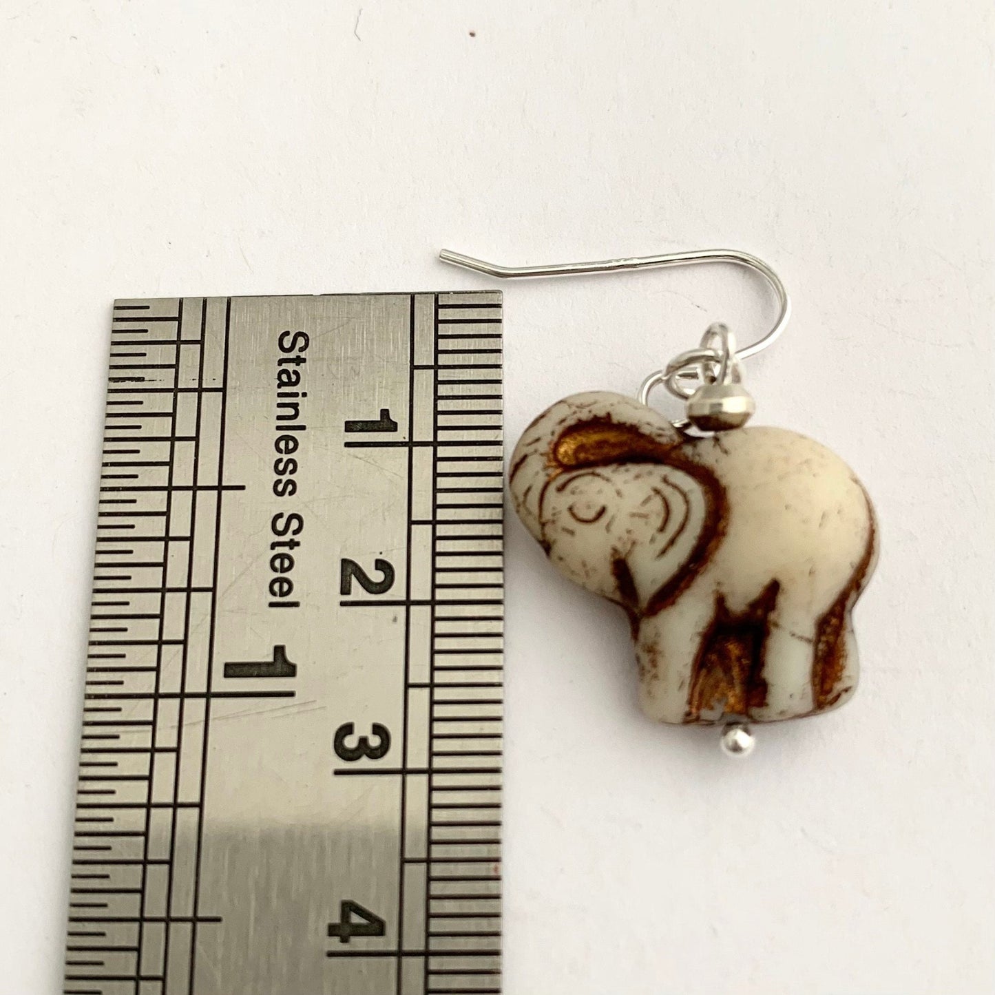 Cream White Czech Glass Elephant Dangle Earrings 7