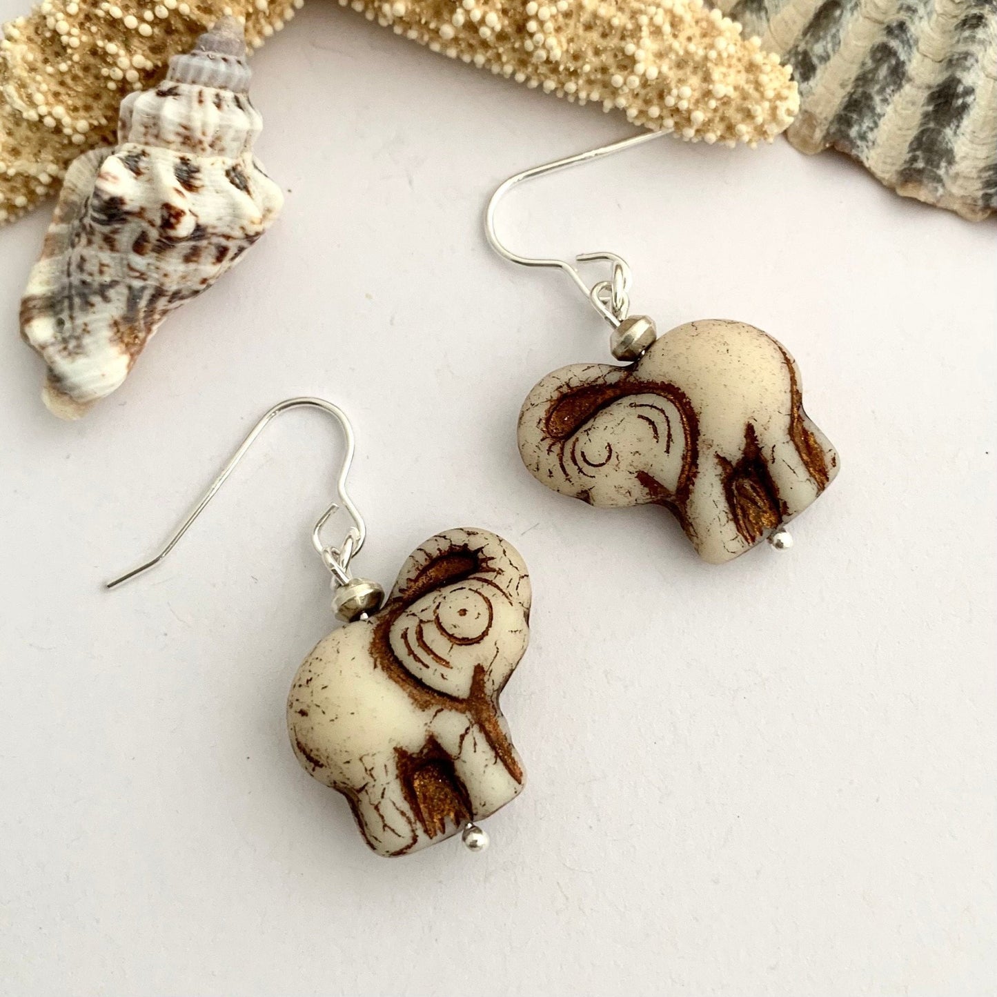 Cream Czech Glass Elephant Dangle Earrings 4