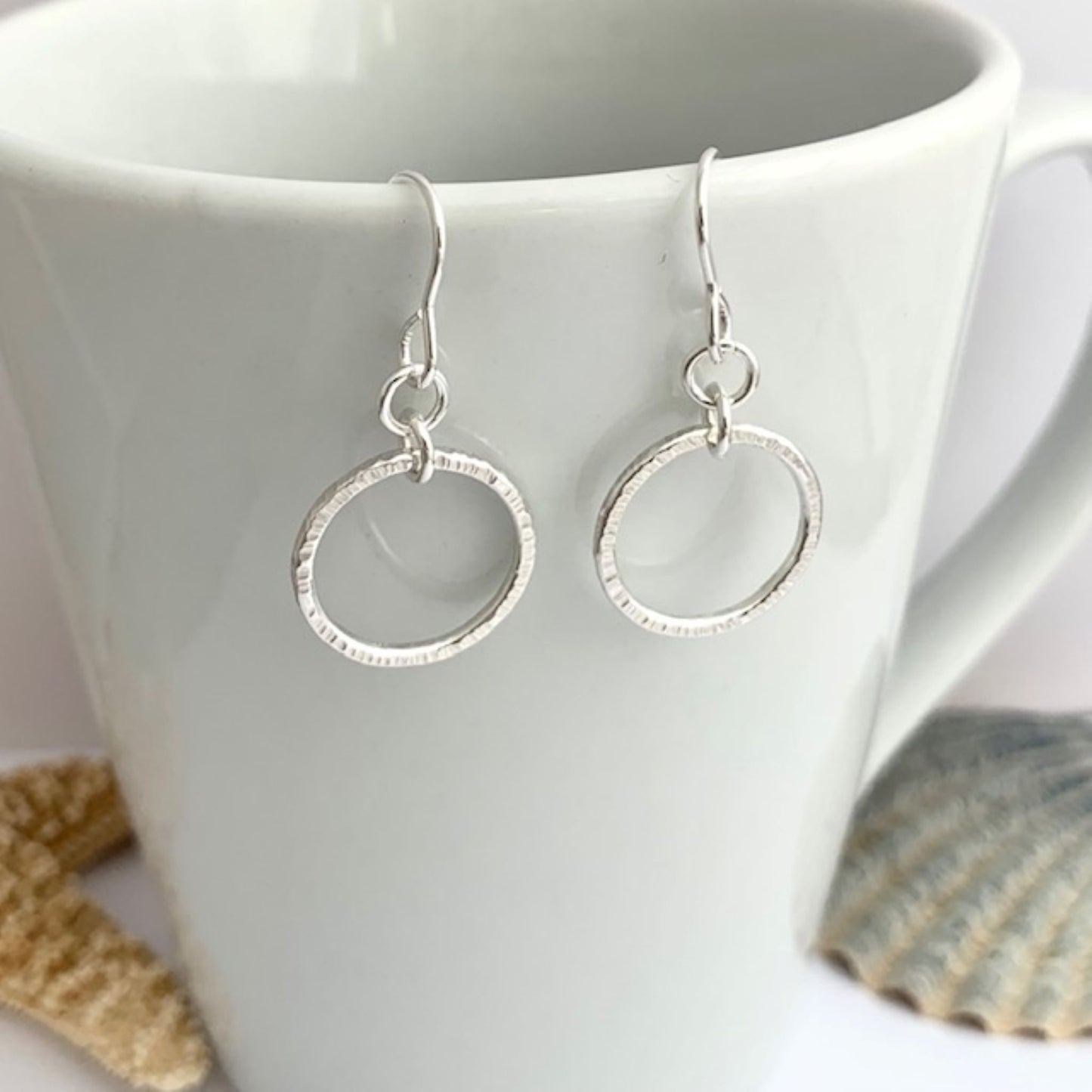 Dangle Sterling Silver Line Hammered Hoop Earrings