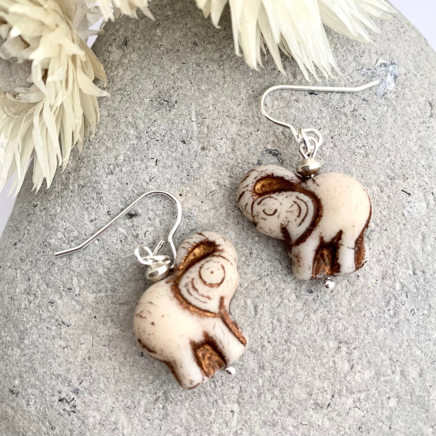 Cream White Czech Glass Elephant Dangle Earrings 1