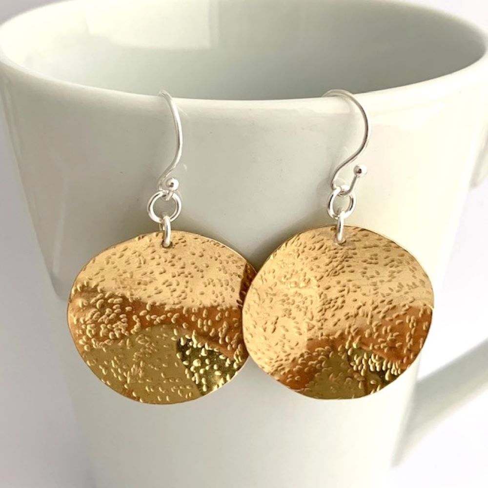 Dangly Drop Hammered Brass Gold Round Disc Earrings