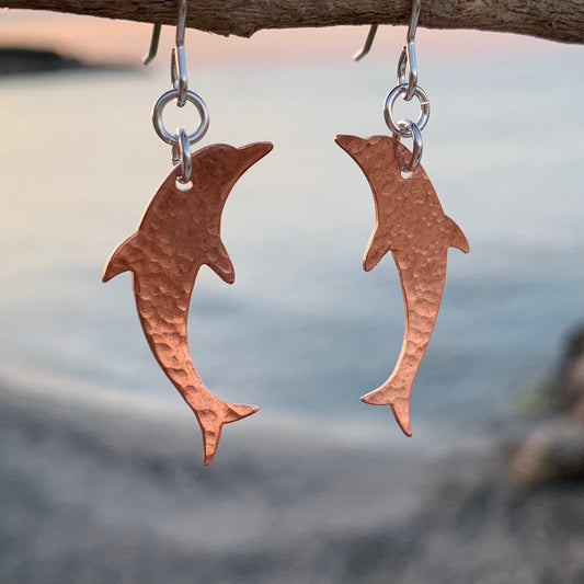 Dangly Hammered Copper Dolphin Earrings