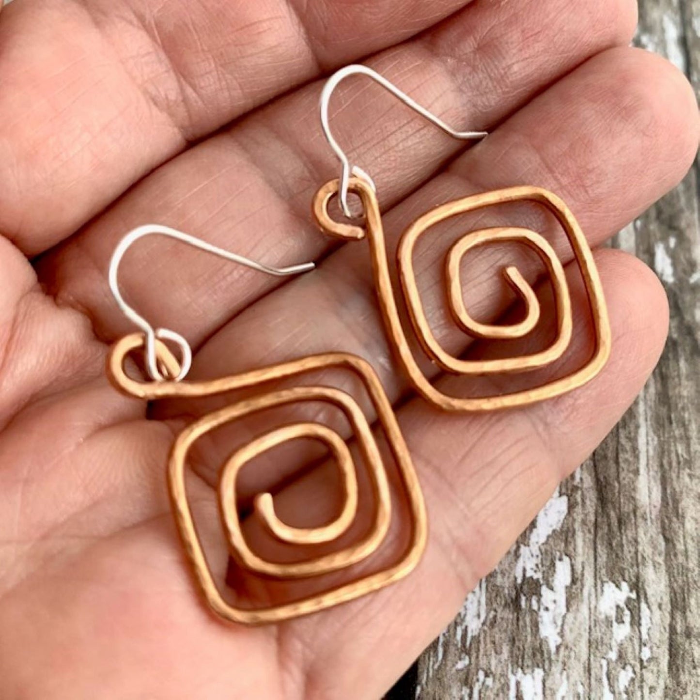 Dangly Hammered Copper Square Spiral Earrings