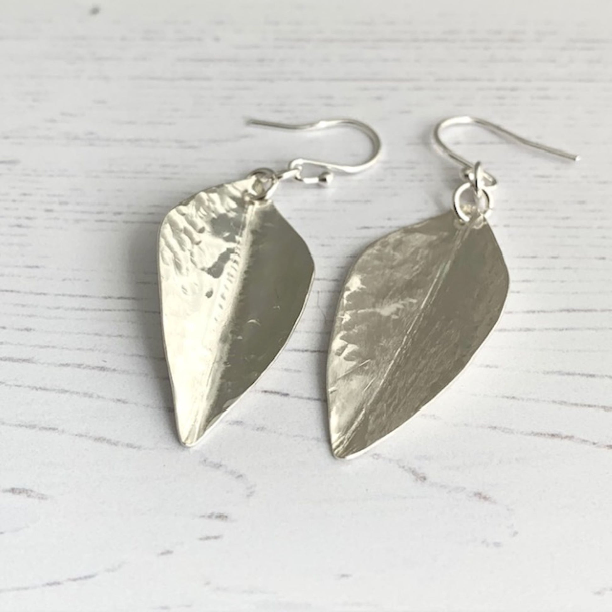 Dangly Sterling Silver Hammered Leaf Earrings