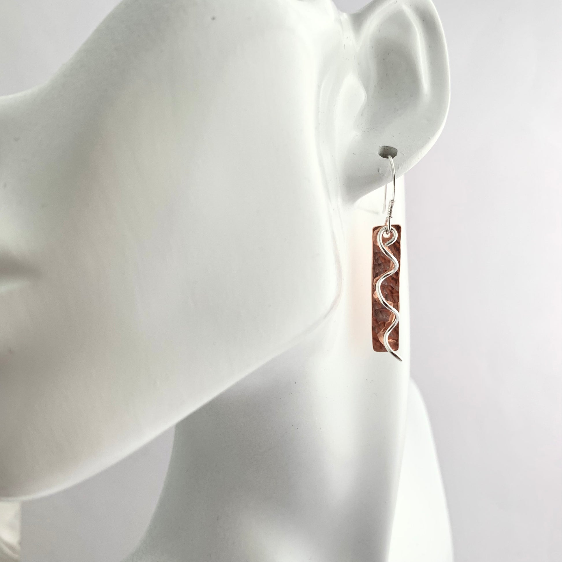 Dimpled Copper Bar Dangle Earrings with Sterling Silver Spirals