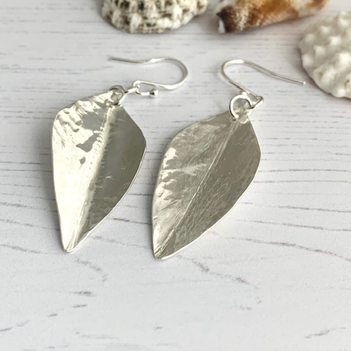 Dimpled Dangly Sterling Silver Leaf Earrings