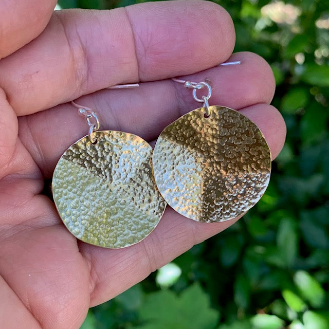 Dimpled Hammered Brass Gold Round Earrings