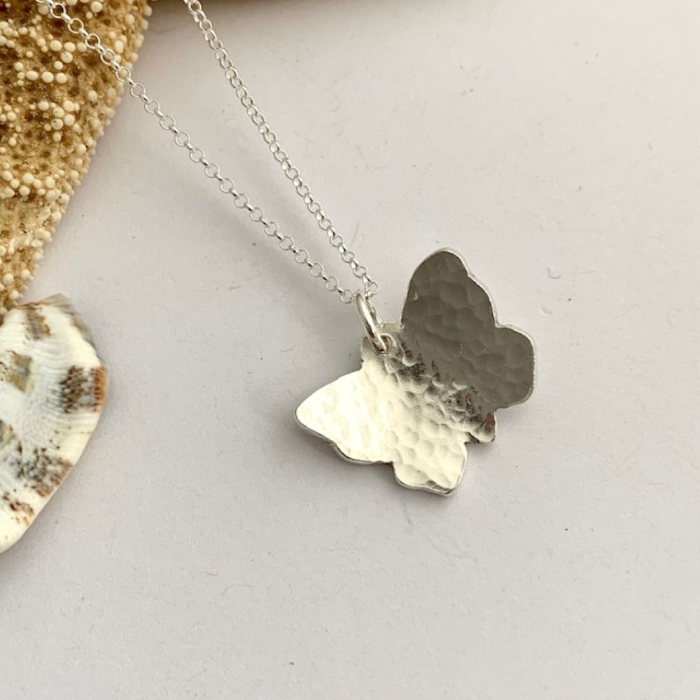 Dimpled Hammered Sterling Silver 925 Butterfly Necklace