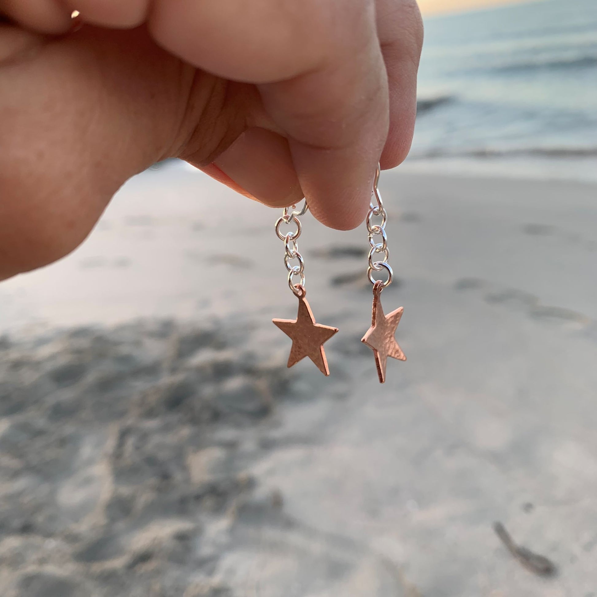 Dimpled Little Copper Star Dangle Earrings