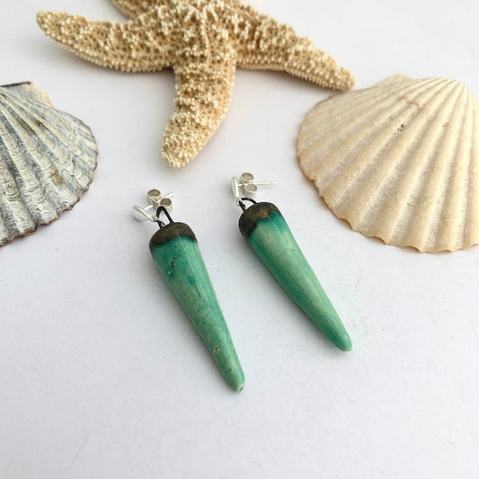 Green and Black Ceramic Porcelain Spike Cone Dangle Earrings