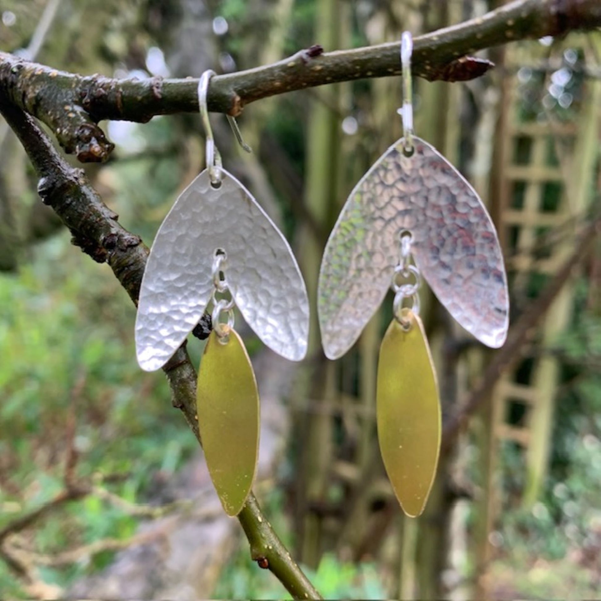 Hammered 925 Silver and Brass Drop Earrings 8