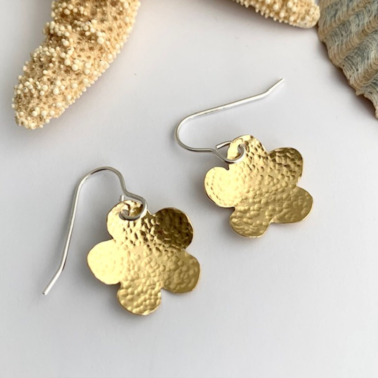 Hammered Brass Flower Daisy Earrings