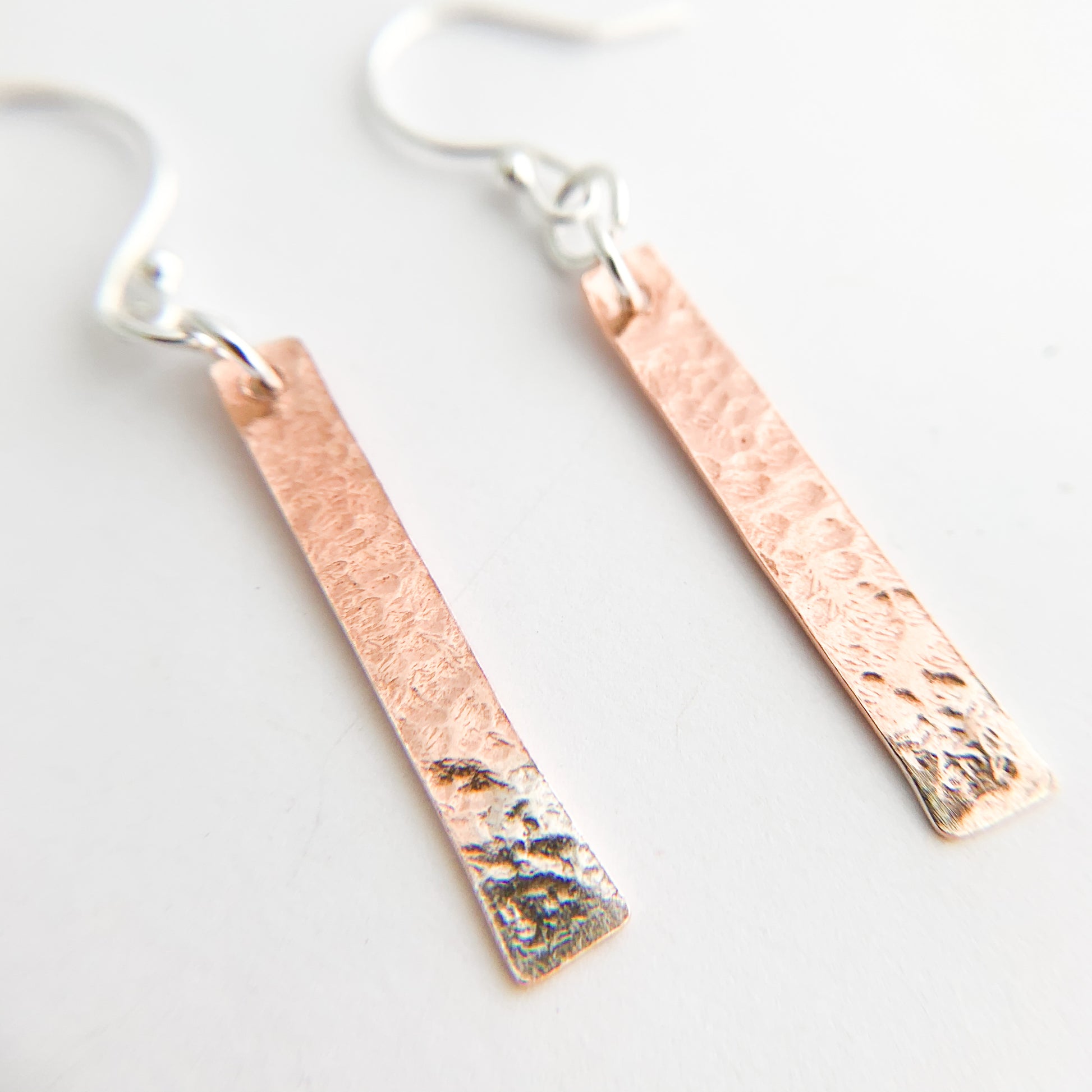 Hammered Copper Bar Earrings with Silver Tips