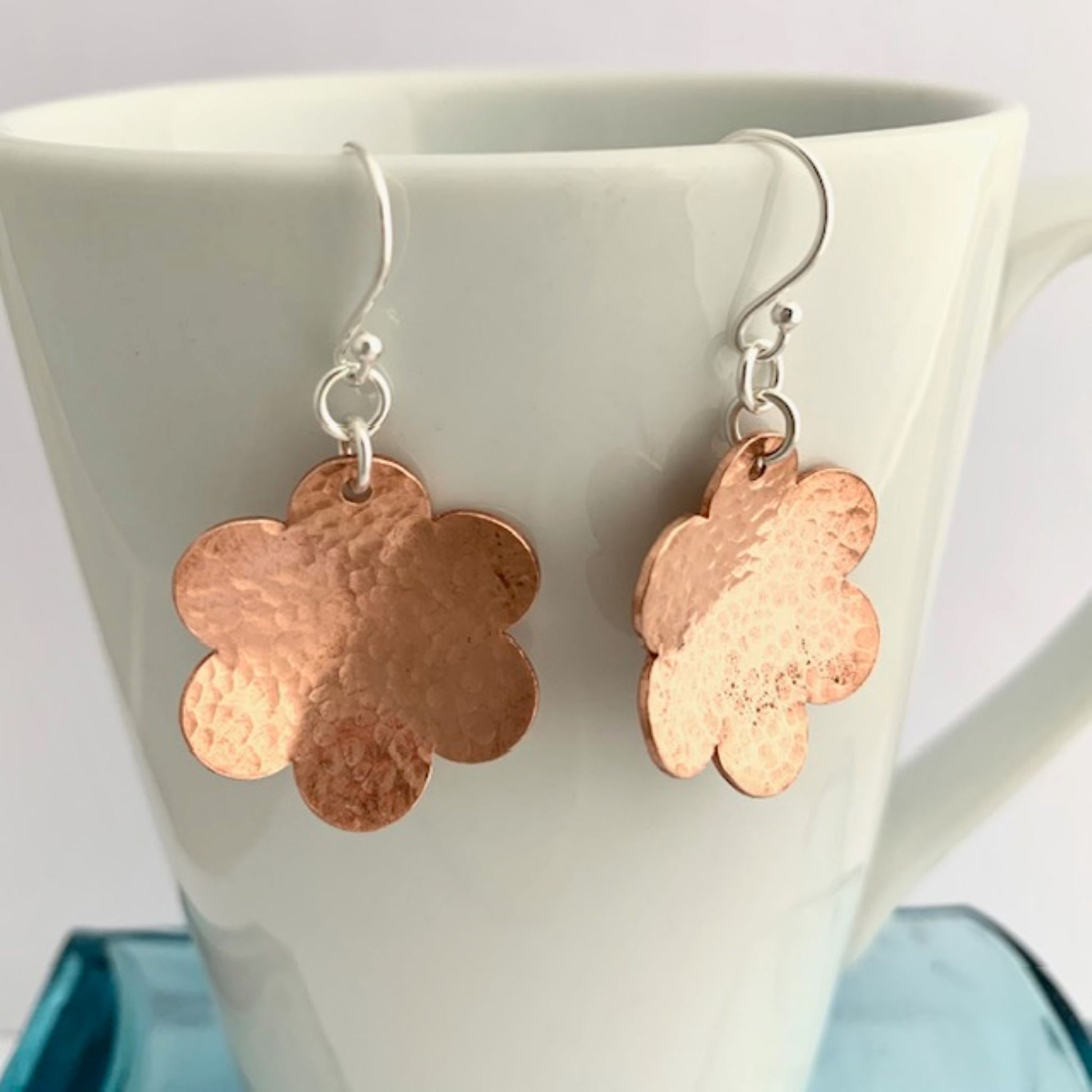 Hammered Copper Daisy Flower Dangle Earrings