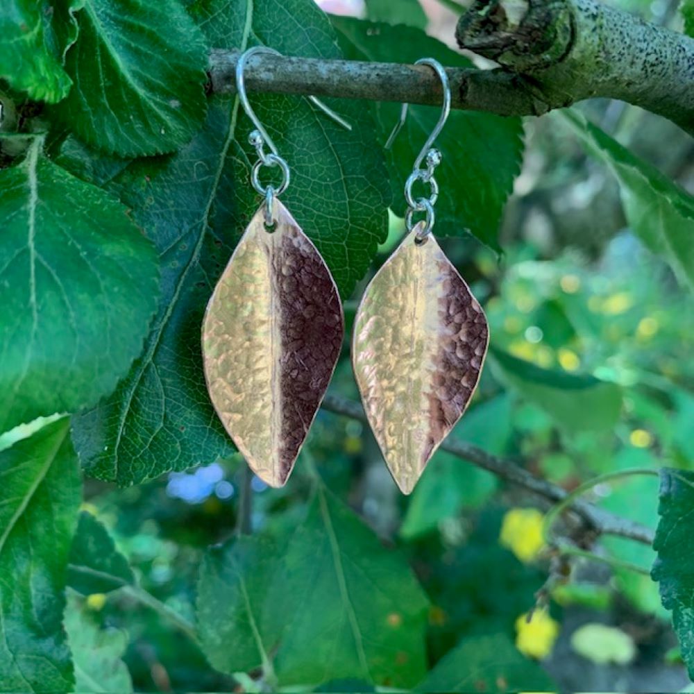 Hammered Copper Dangle Drop Leaf Earrings