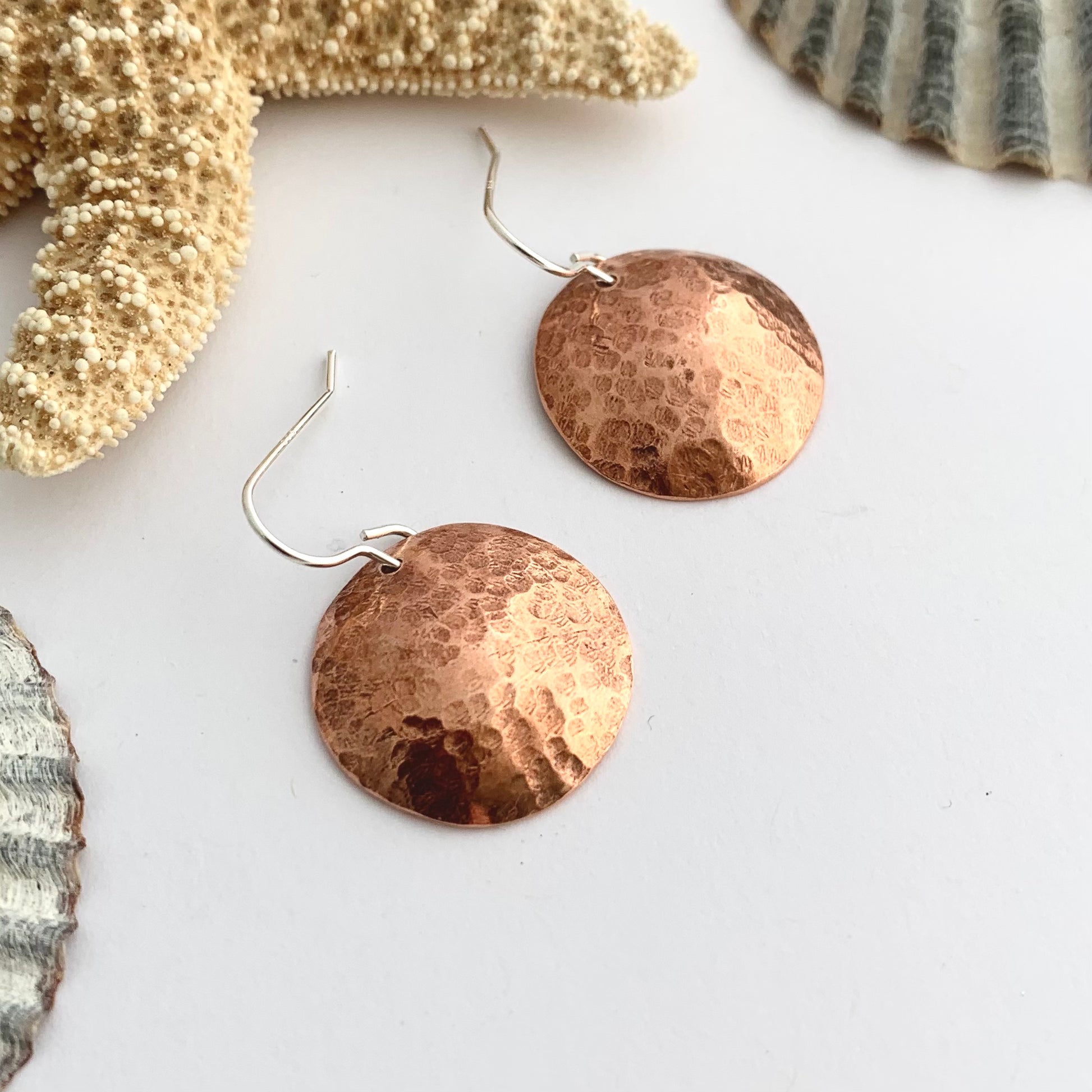 Hammered Copper Drop Disc Earrings