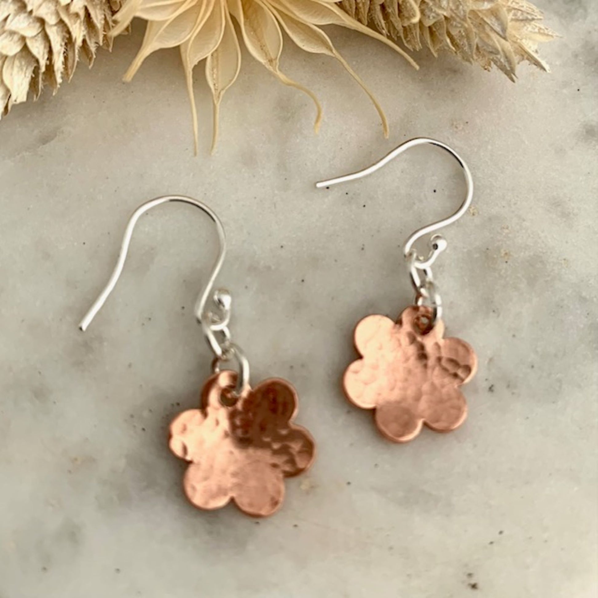 Hammered Copper Flower Daisy Earrings