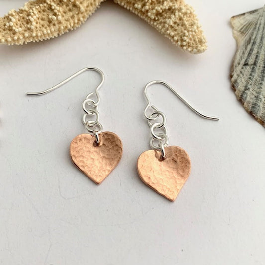 Hammered Copper Heart Earrings with Silver Chain