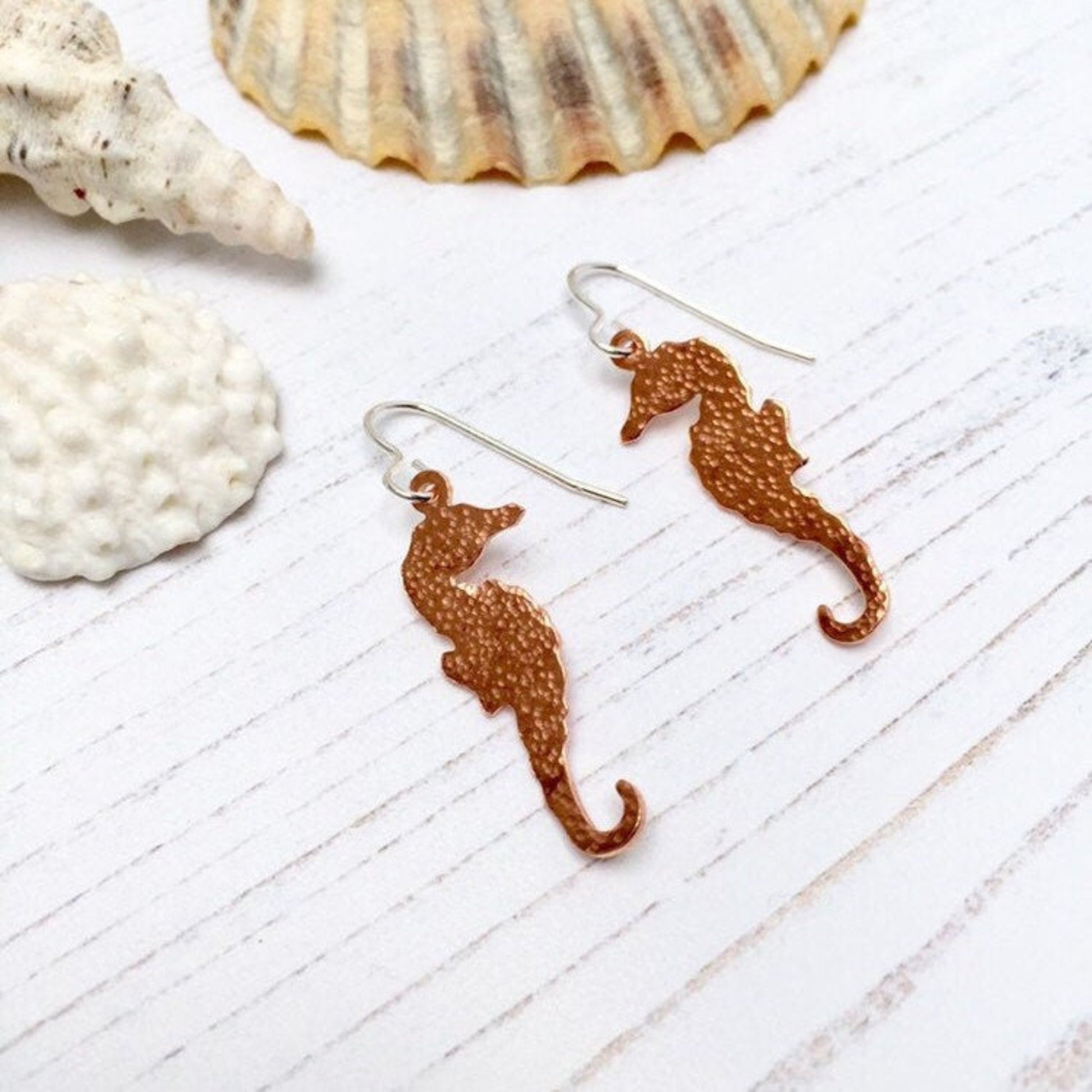 Hammered Copper Sea Horse Earrings 1