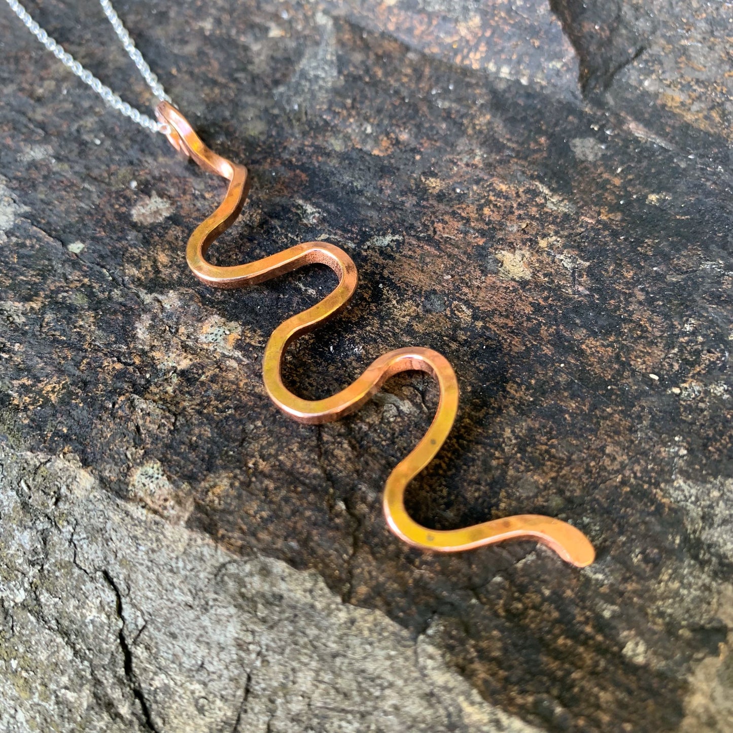 Hammered Copper Wavy Snake Pendant