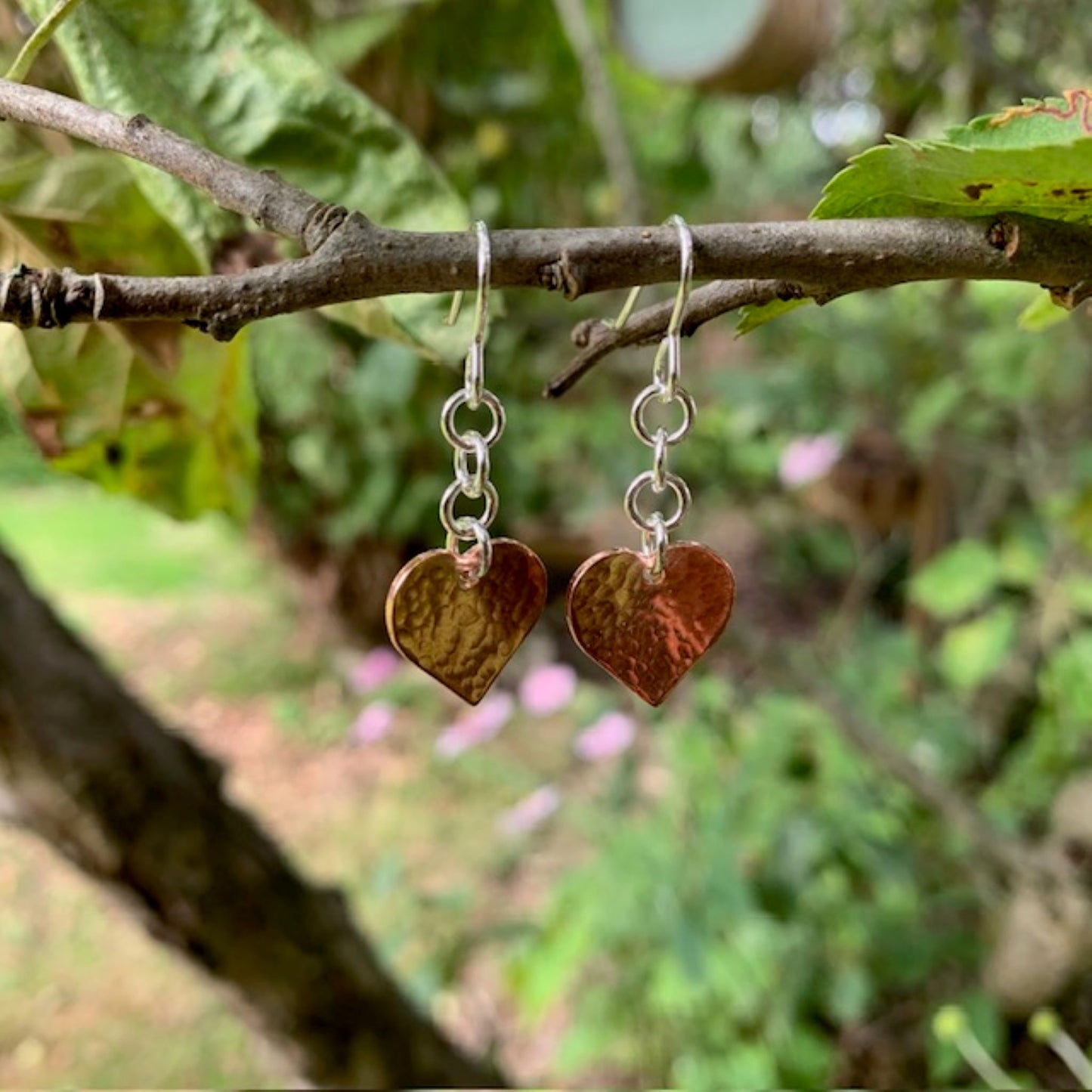 Hammered Copper and Silver Heart Earrings