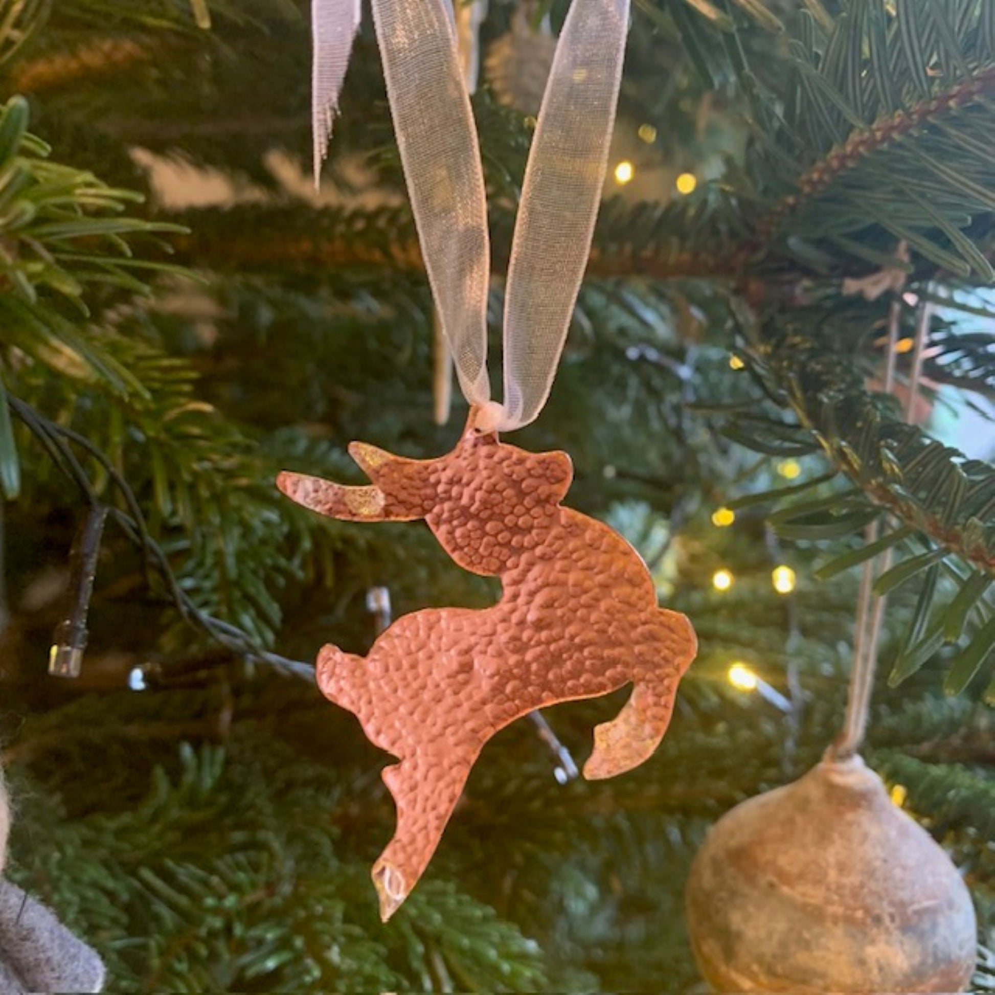 Hammered Copper and Silver Reindeer Hanging Decoration