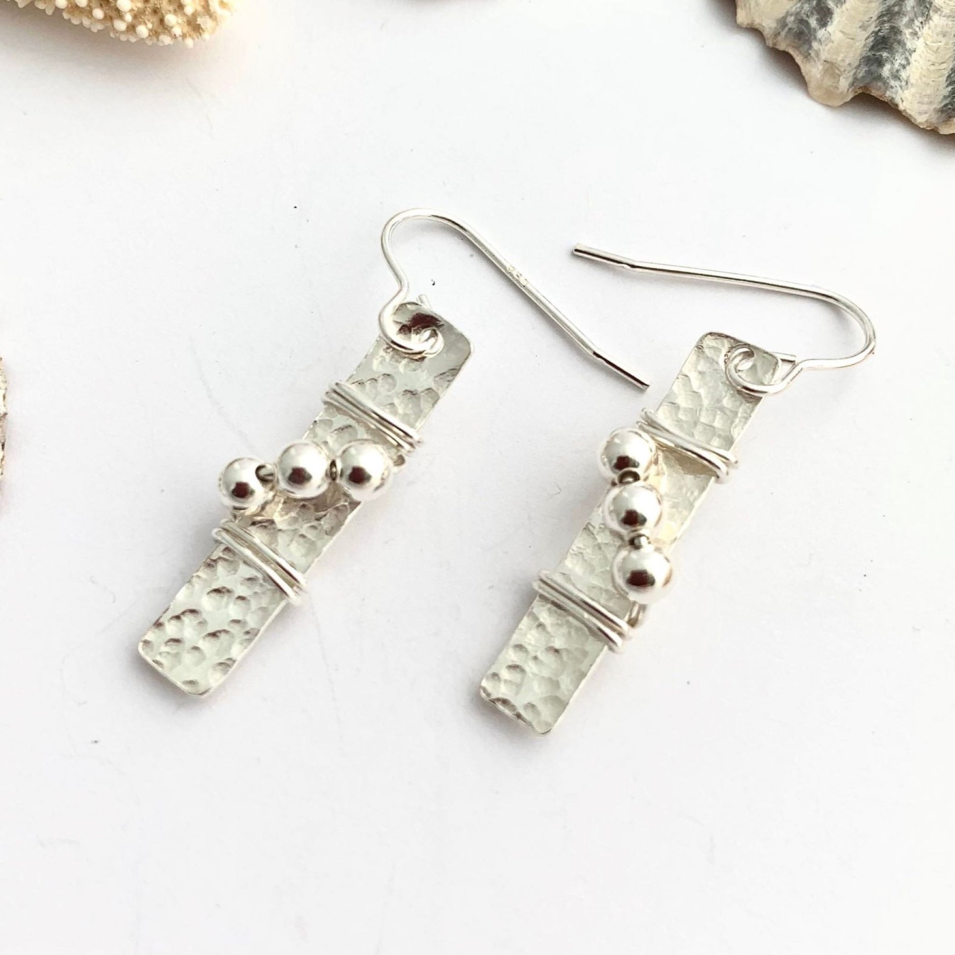 Hammered Rectangle Sterling Silver Bead Earrings