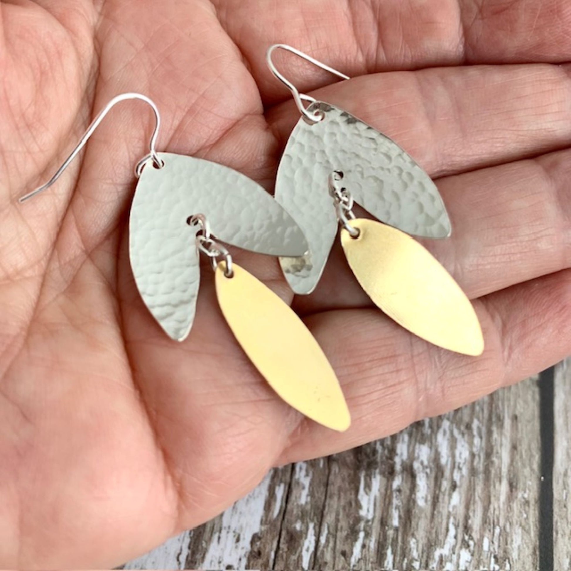 Hammered Silver and Brass Dangly Earrings