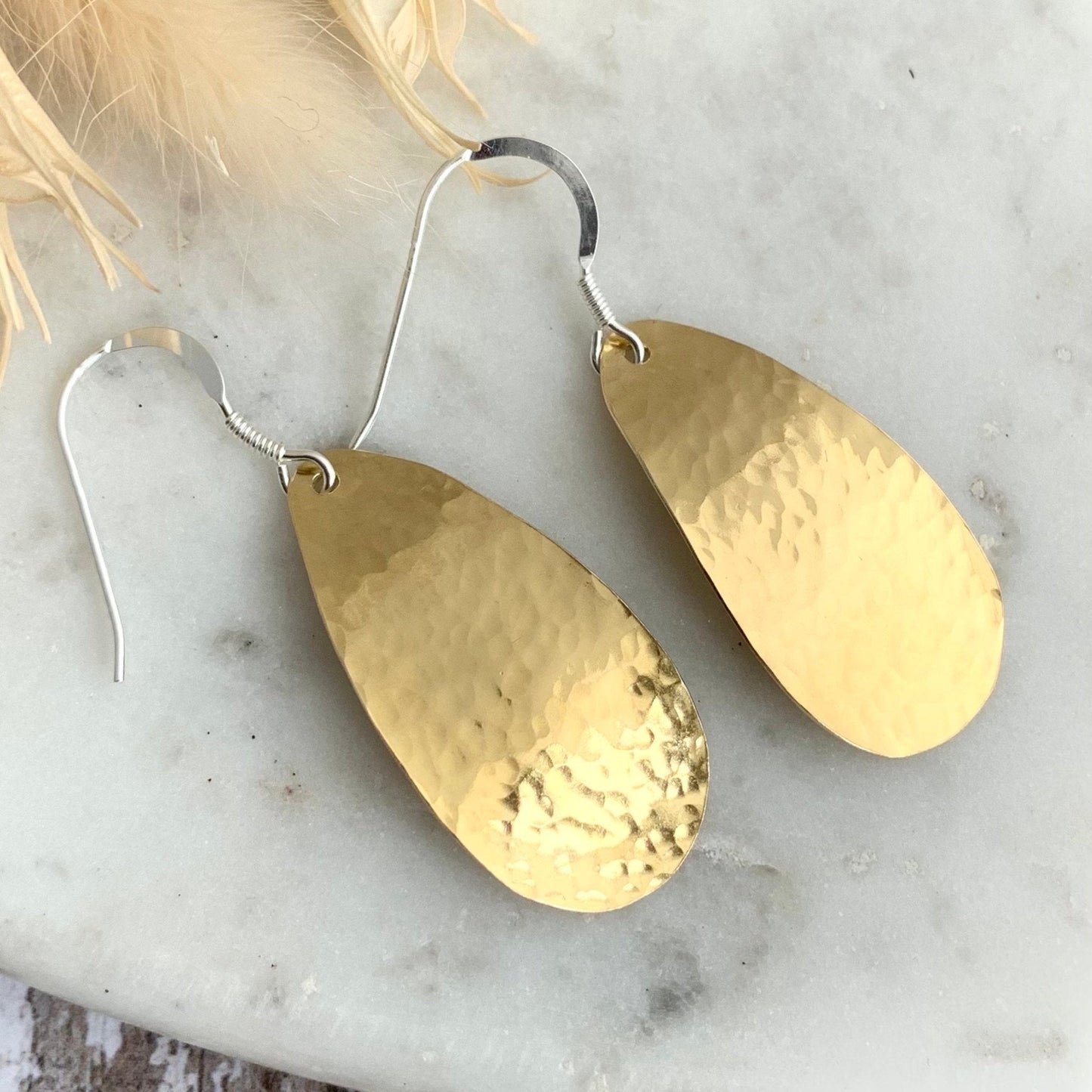 Hammered Beaten Brass Oval Dangle Earrings