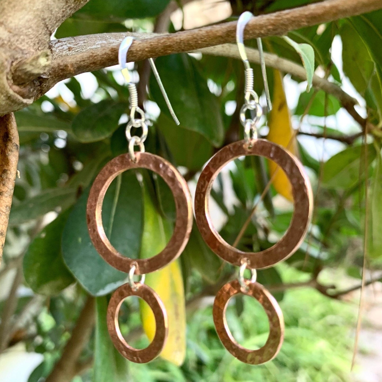 Hammered Two Hoop Copper Dangly Earrings