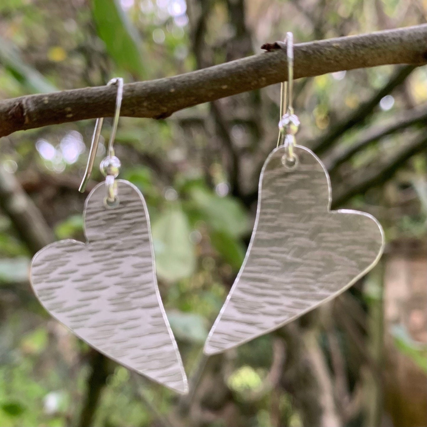 Large Sterling Silver Line Hammered Heart Dangle Earrings