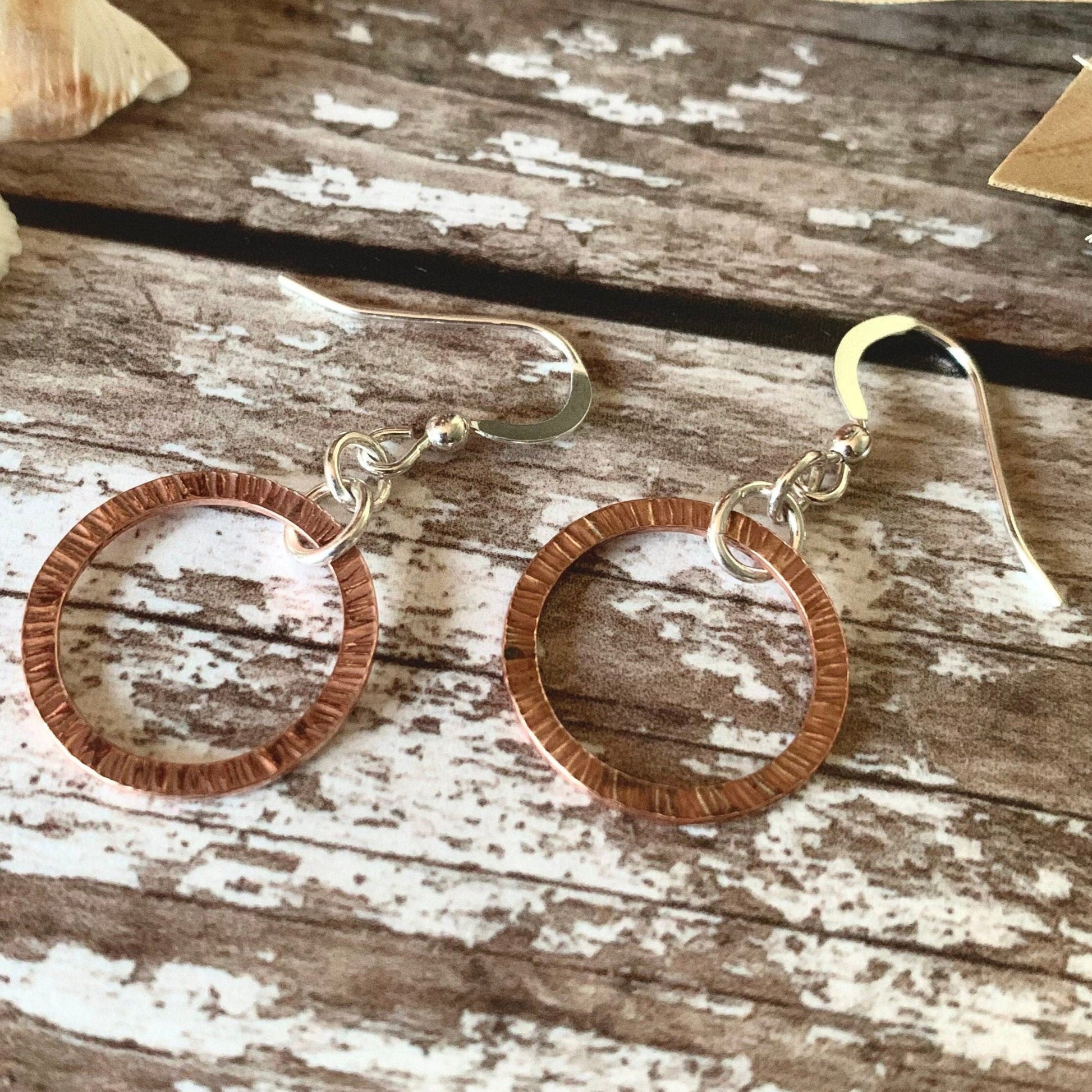 Line Hammered Copper Disc Dangle Earrings