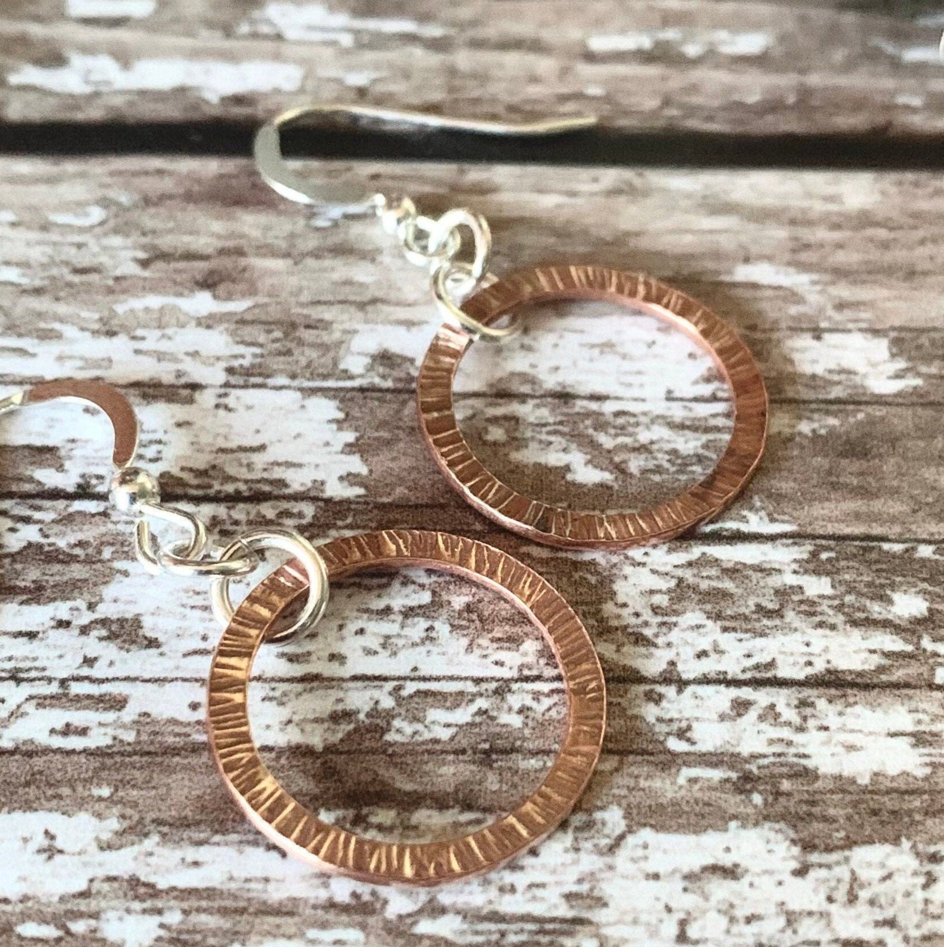 Line Hammered Copper Hoop Dangle Drop Earrings