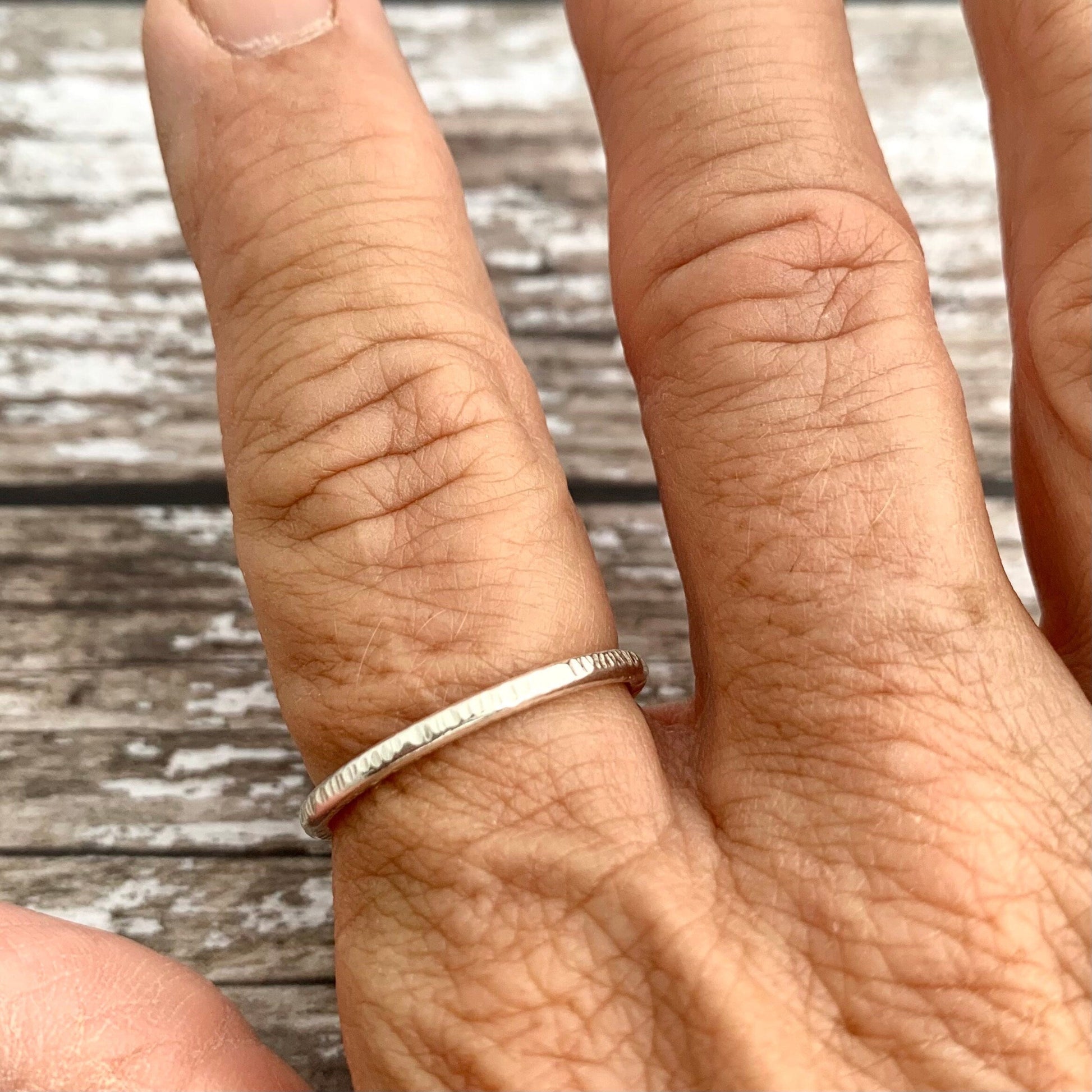 Line Hammered Skinny Silver Ring