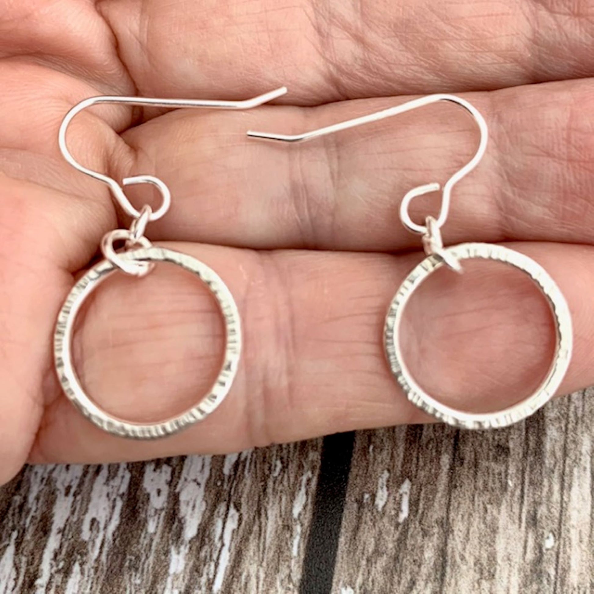 Line Textured Sterling Silver Round Hoop Drop Earrings