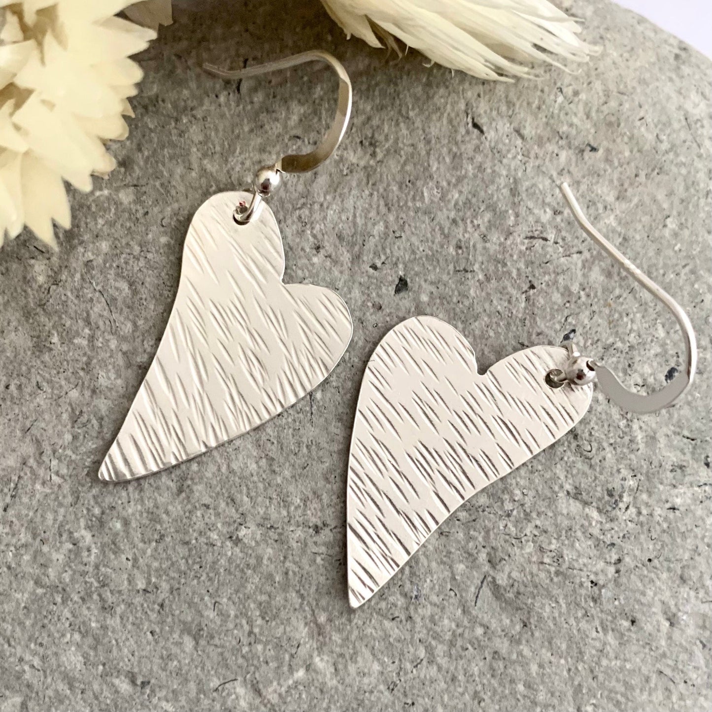 Line Textured Lopsided Sterling Silver Dangle Heart Earrings