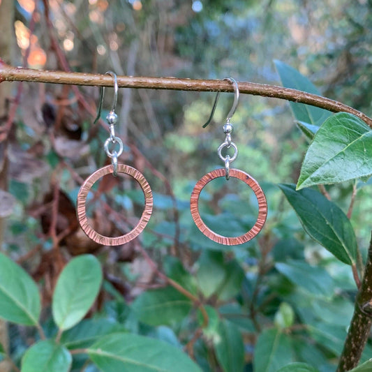 Line Hammered Copper Hoop Dangly Earrings