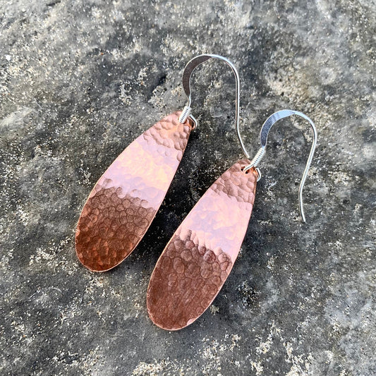 Long Copper Teardrop Hammered Dangle Earrings